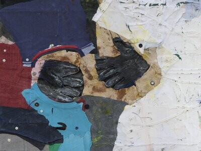 Clothes collage on canvas with acrylic on Two fabrics canvas // Size : ca. 50 x 70 x 4 cm