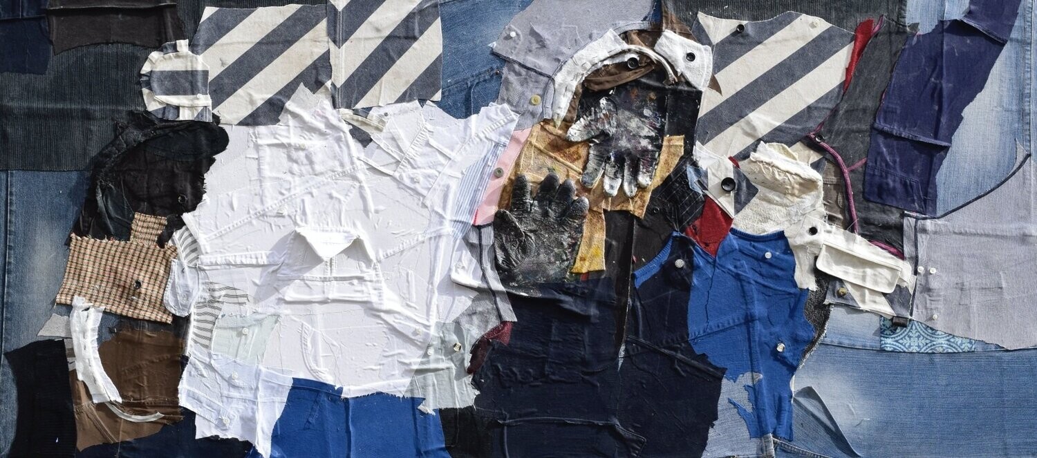 Collage Clothes  on Two fabrics  Canvas //Size : ca. 100 x 200 x 4 cm,