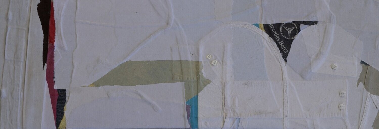 Collage  Clothes & Acrylic  With powder color pigment on Canvas on a wooden frame // Size: ca. 25 x 80 x 4 cm,