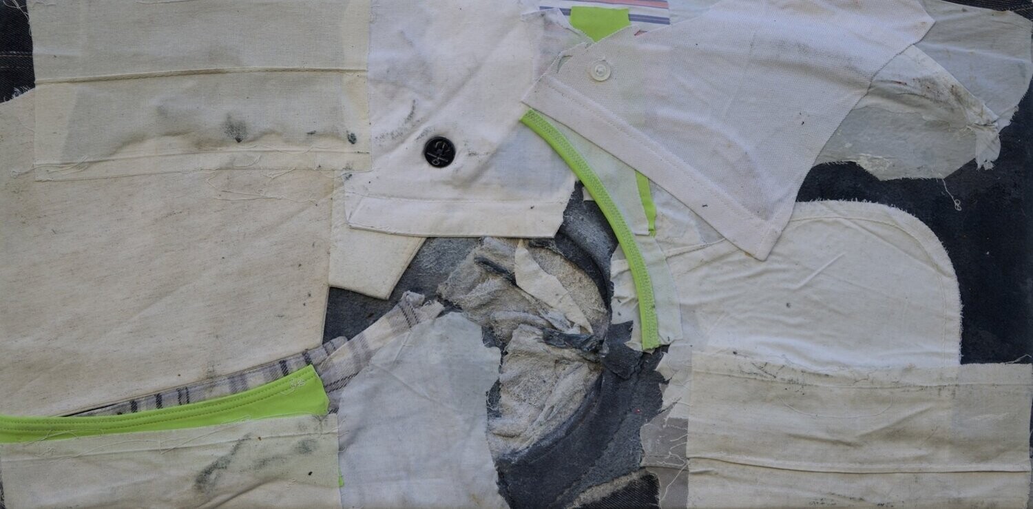 Collage  Clothes & Acrylic  With powder color pigment on Canvas on a wooden frame // Size: ca. 25 x 60 x 4 cm,