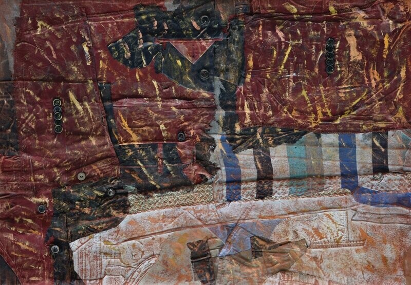 Clothes collage on canvas with acrylic on Two fabrics canvas // Size : ca. 50 x 70 x 4 cm Clothes collage on canvas with acrylic on Two fabrics canvas // Size : ca. 50 x 70 x 4 cm
