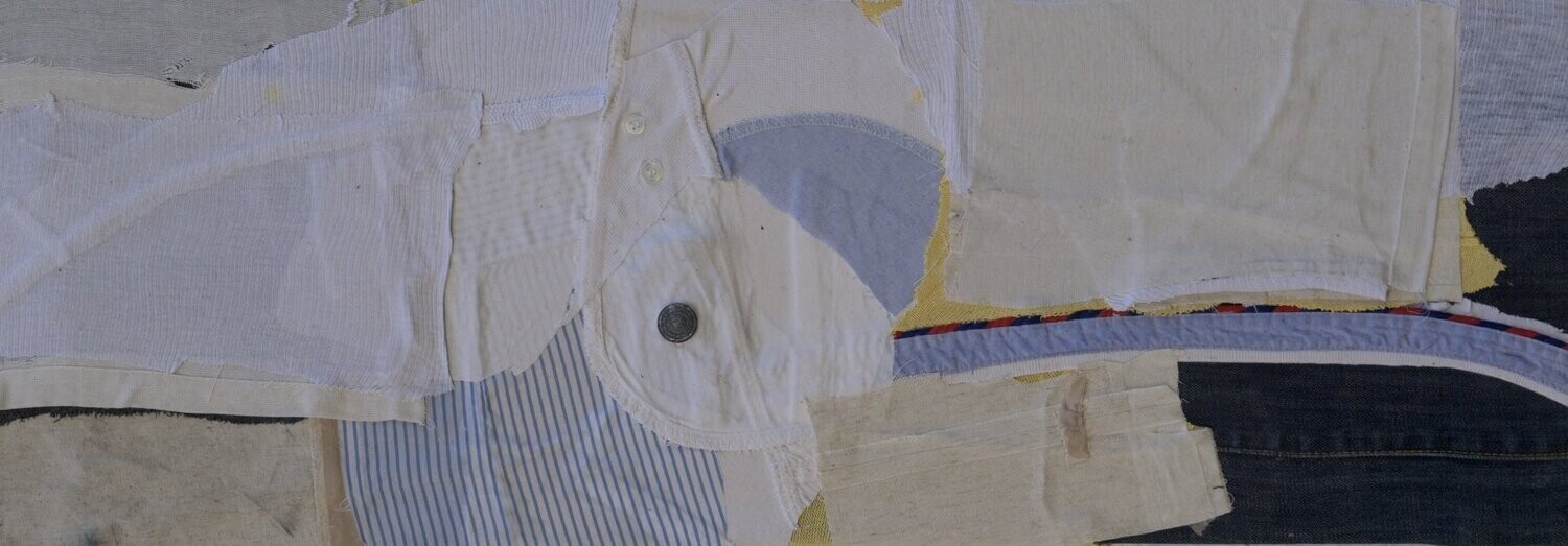 Collage  Clothes & Acrylic  With powder color pigment on Canvas on a wooden frame // Size: ca.. 25 x 80 x 4 cm,