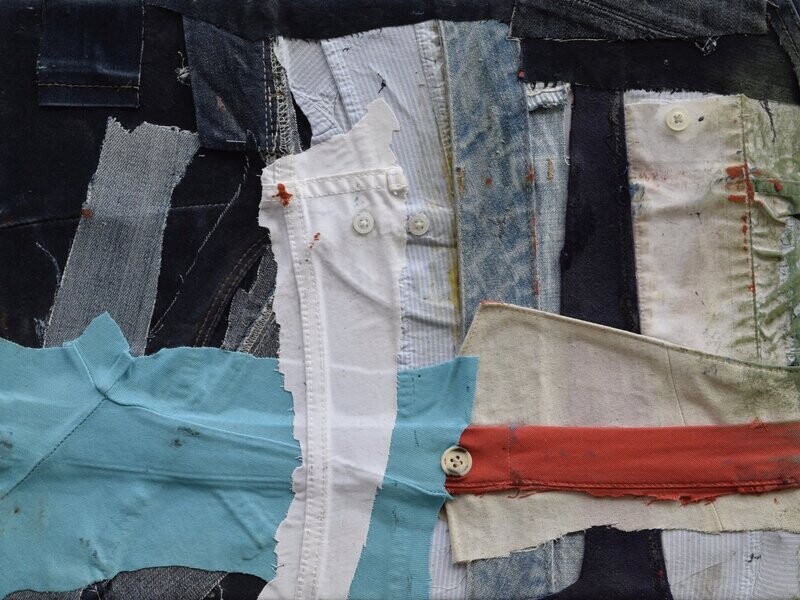 Collage Clothes & Acrylic With powder color pigment on Canvas on a wooden frame // Size: ca. 30 x 40 x 4 cm, Collage Clothes & Acrylic With powder color pigment on Canvas on a wooden frame // Size: ca. 30 x 40 x 4 cm,