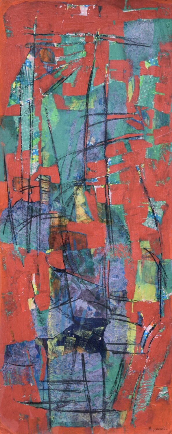 Acrylic on paper and their collage on canvas with wooden frame // Size: ca. 35 x 100 x 4 cm,
