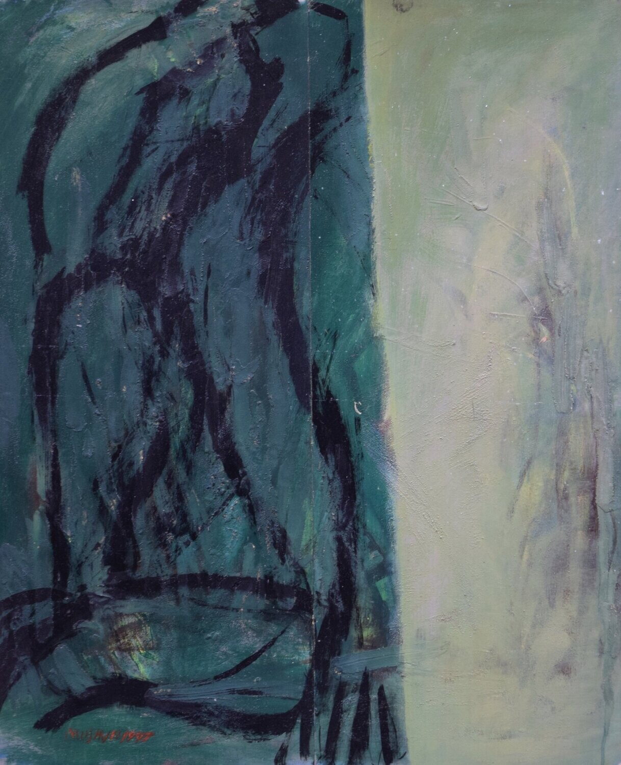 Pigment &  Acryilc on  Paper  collaged on the canvas.- Figurative , Light as Form // Size: ca.. 80 x 100 x 4 cm