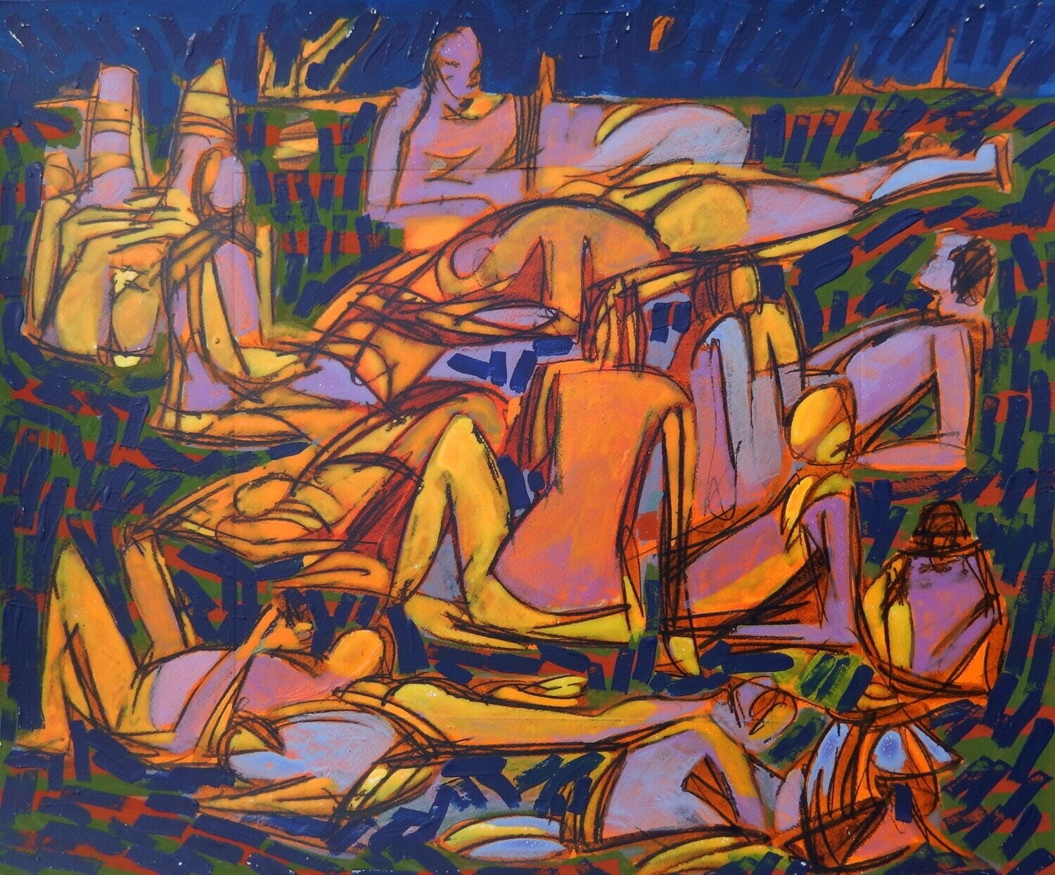 the beach / Special fabric is collaged on the canvas.Acryilc  on  canvas  /  Figurative , Light as Form // Size: ca.. 45 x 55 x 4 cm