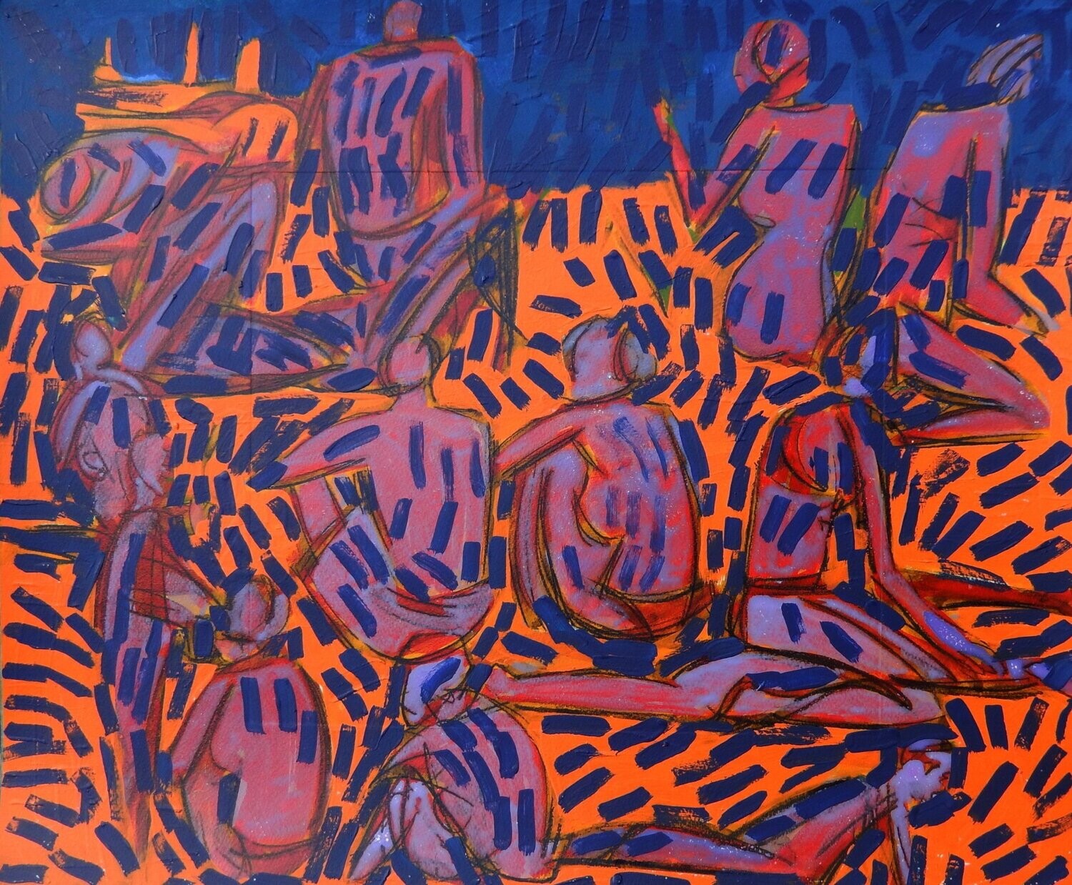 the beach / Special fabric is collaged on the canvas.Acryilc  on  canvas  /  Figurative , Light as Form // Size: ca.. 45 x 55 x 4 cm