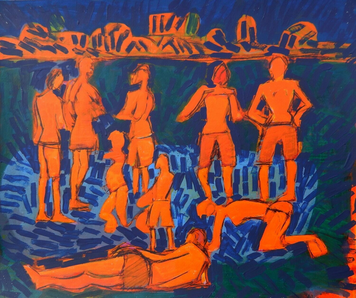 the beach /Pigment and acrylic on paper and their collage on canvas with wooden frame // Size: ca.. 45 x 55 x 4 cm