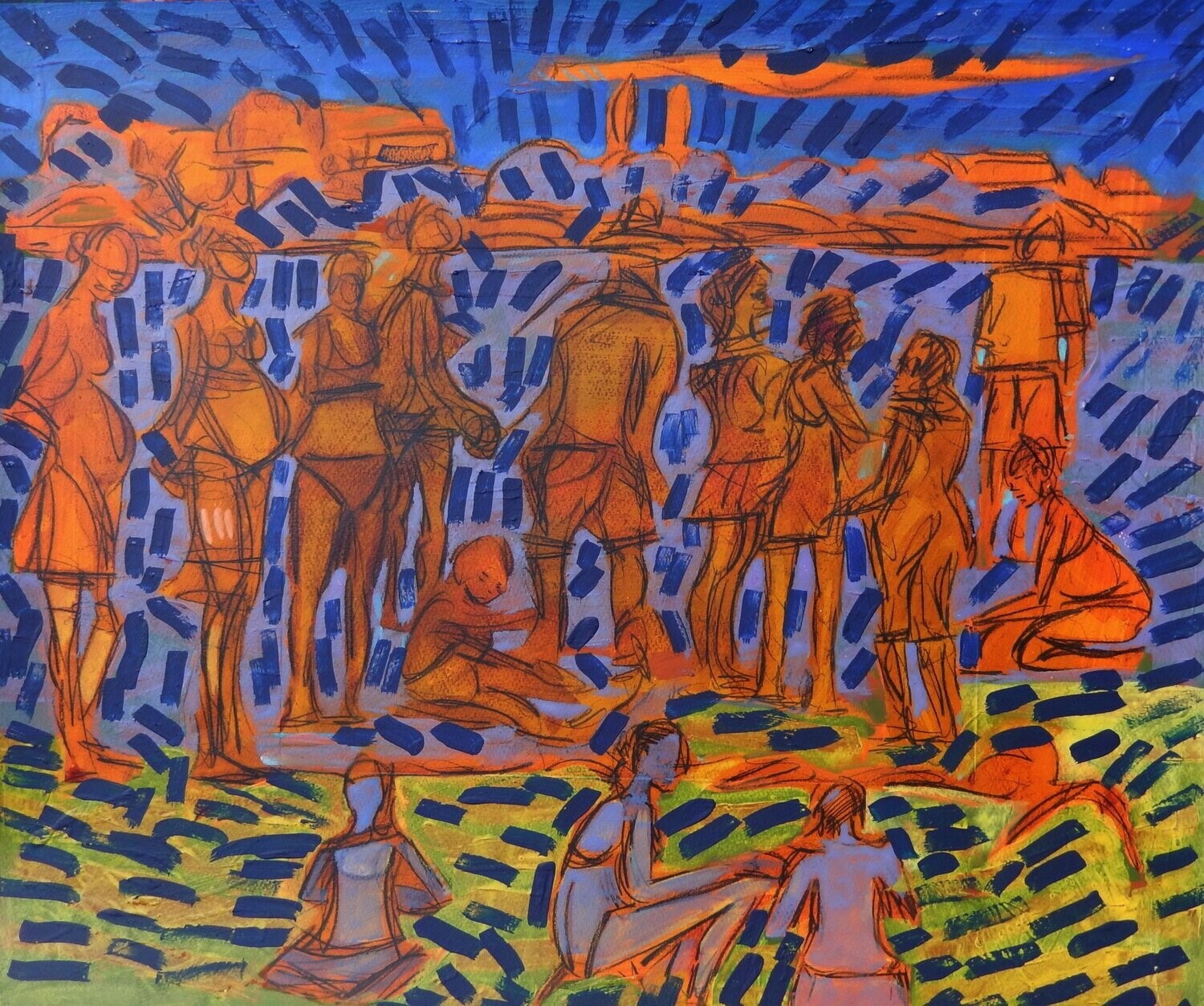 the beach / Special fabric is collaged on the canvas.Acryilc  on  canvas  /  Figurative , Light as Form // Size: ca.. 45 x 55 x 4 cm