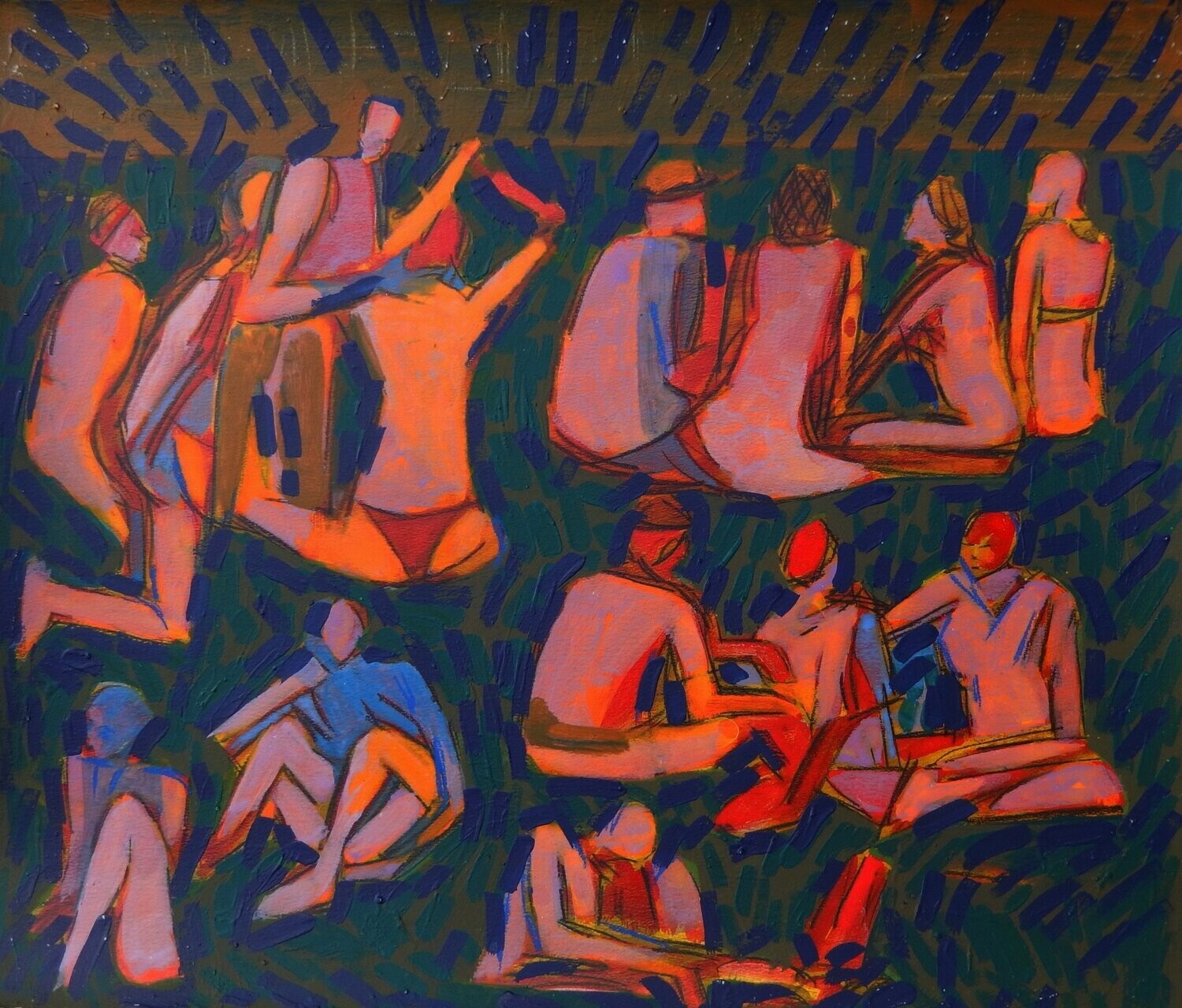 the beach / Special fabric is collaged on the canvas.Acryilc  on  canvas  /  Figurative , Light as Form // Size: ca.. 45 x 55 x 4 cm