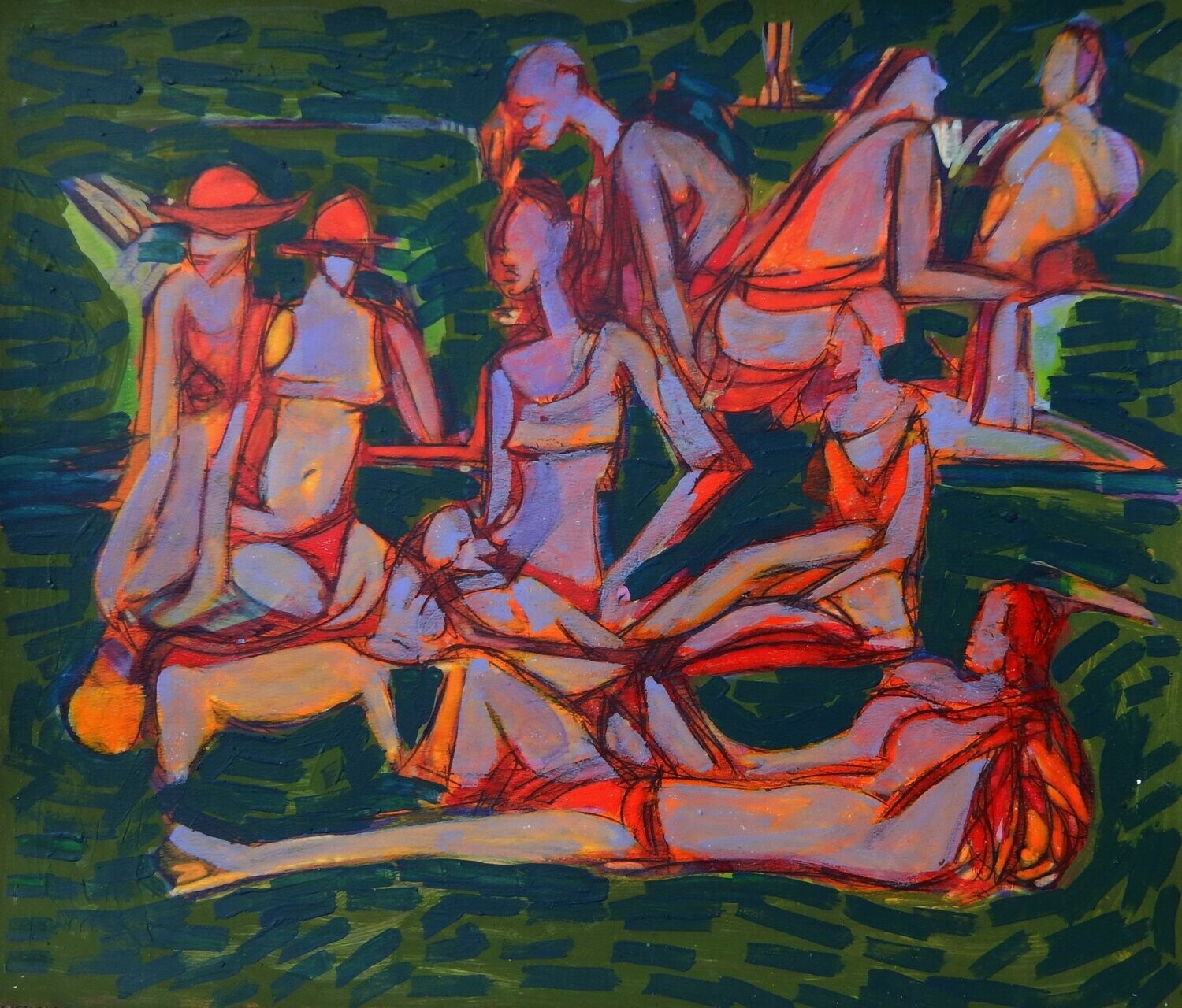 the beach / Special fabric is collaged on the canvas.Acryilc  on  canvas  /  Figurative , Light as Form // Size: ca.. 45 x 55 x 4 cm