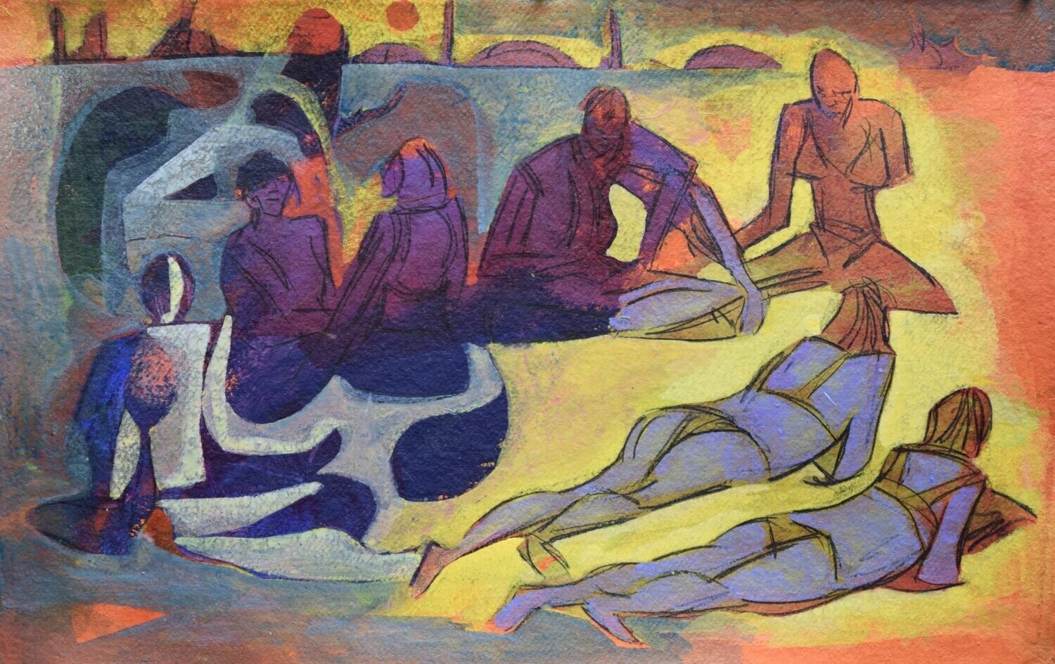 the beach /Pigment and acrylic on paper and their collage on canvas with wooden frame // Size: ca.. 38 x 58 x 4 cm