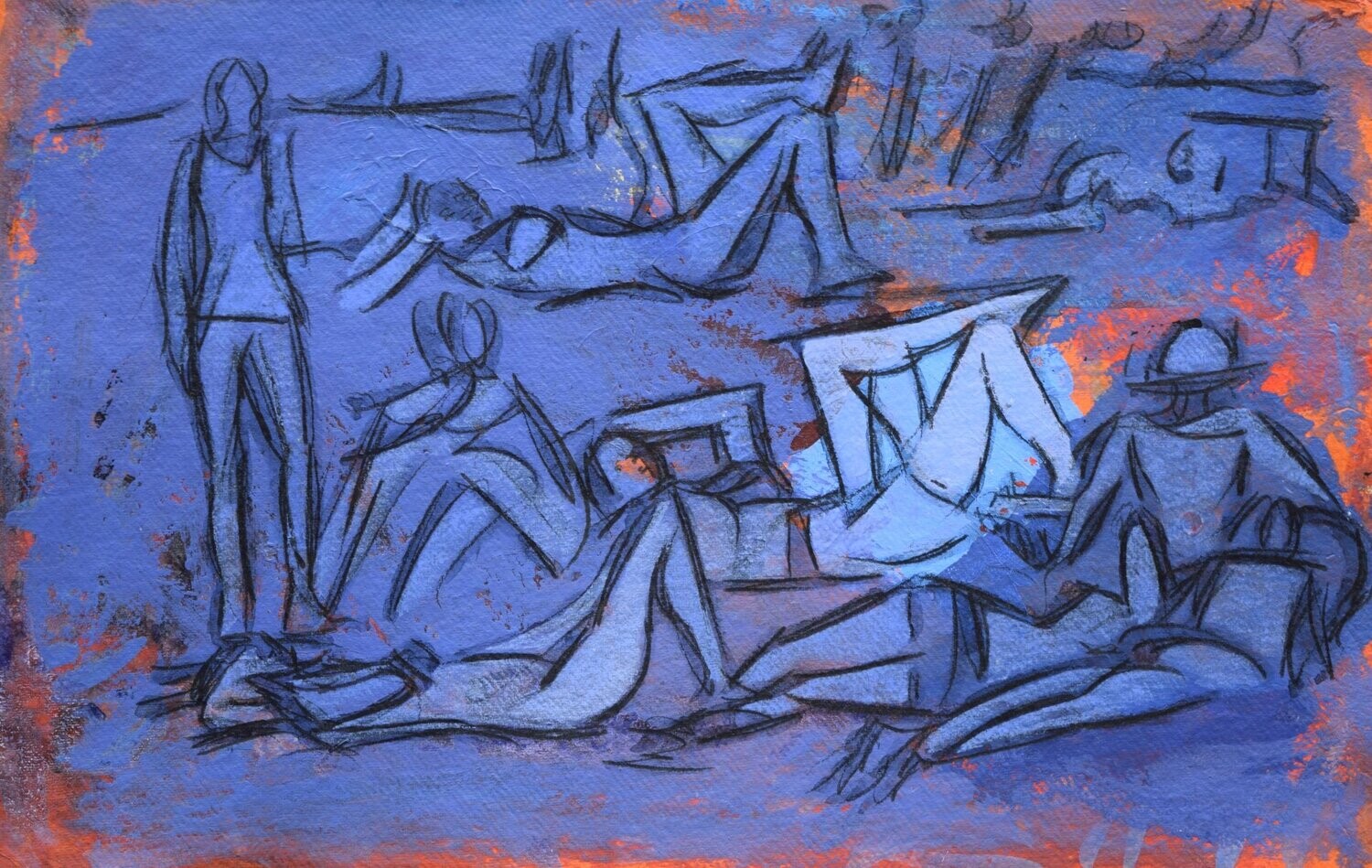 the beach /Pigment and acrylic on paper and their collage on canvas with wooden frame // Size: ca.. 38 x 58 x 4 cm