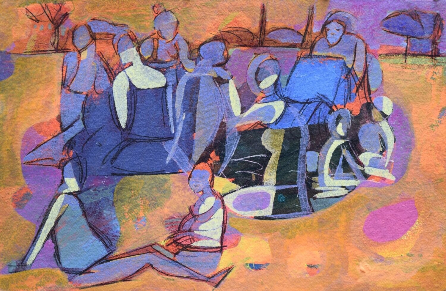 the beach /Pigment and acrylic on paper and their collage on canvas with wooden frame // Size: ca.. 38 x 58 x 4 cm