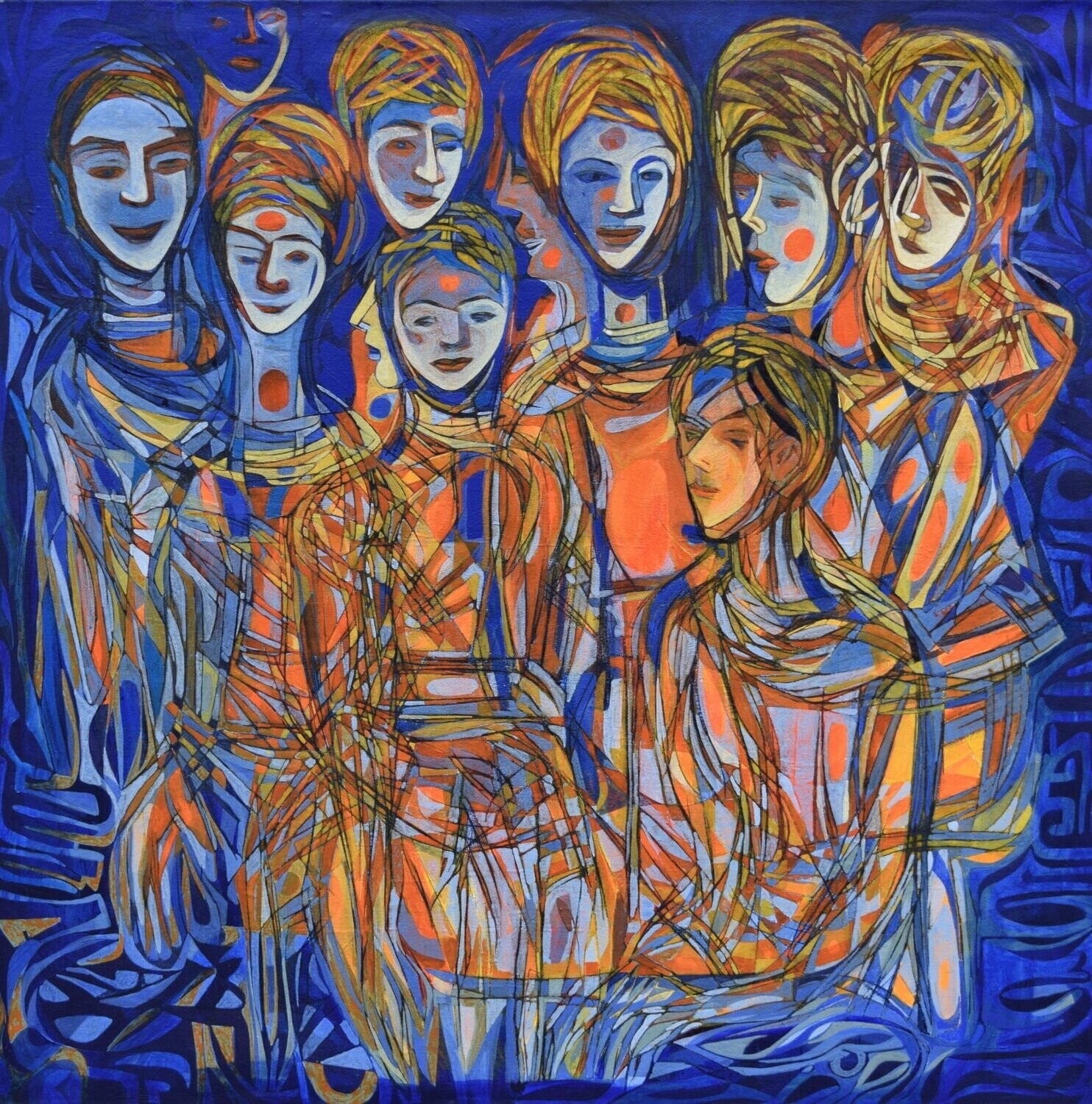family figurative , Blue  , Orange  // Size: ca.. 120 x 120 x 4 cm