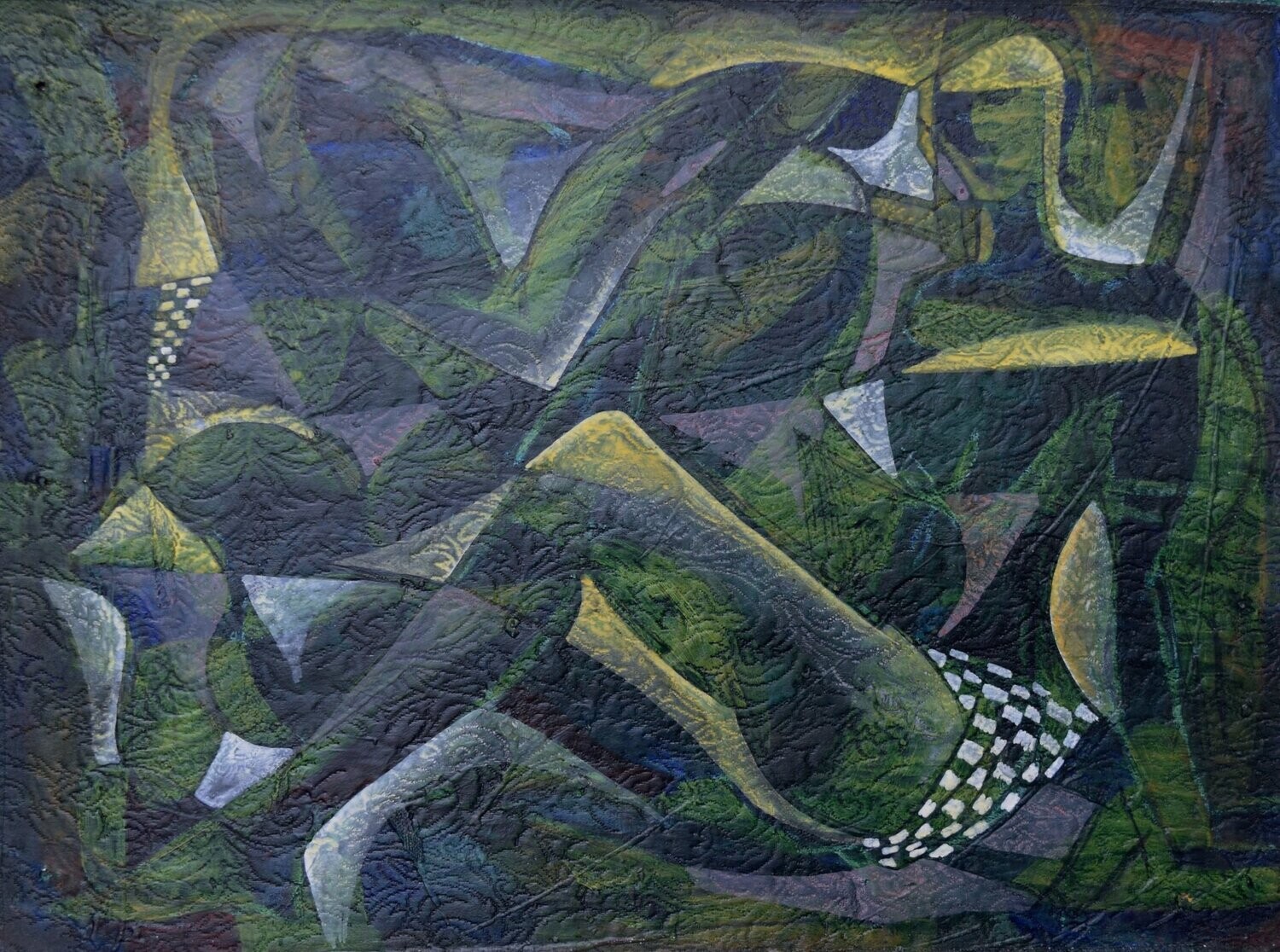 Special fabric is collaged on the canvas.Acryilc  on  canvas  /  Figurative , Light as Form // Size: ca.. 43 x 50 x 4 cm
