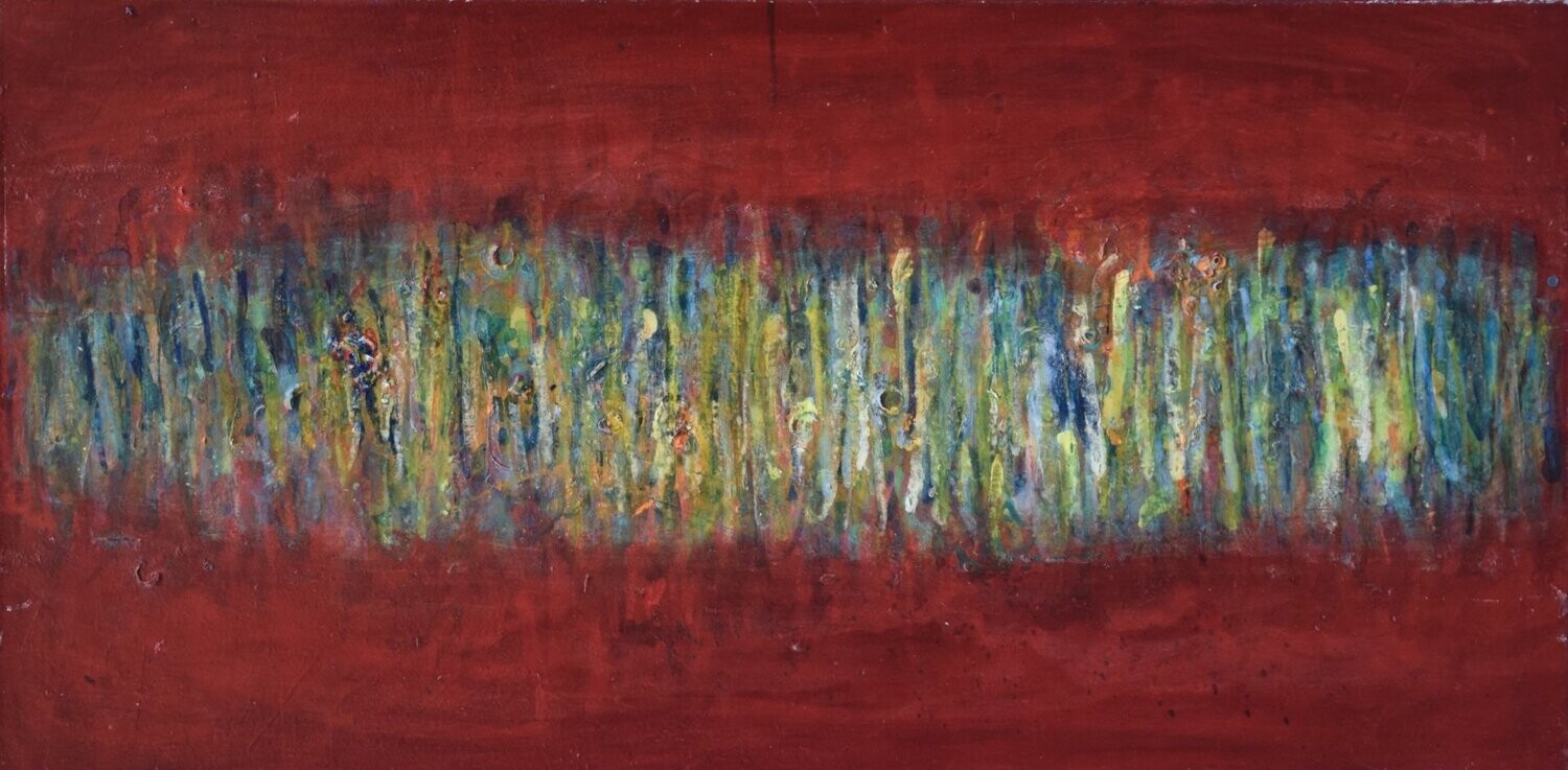 Red, Pigment and acrylic on paper and their collage on canvas with wooden frame  / Size: ca. 45 x 80 x 4 cm