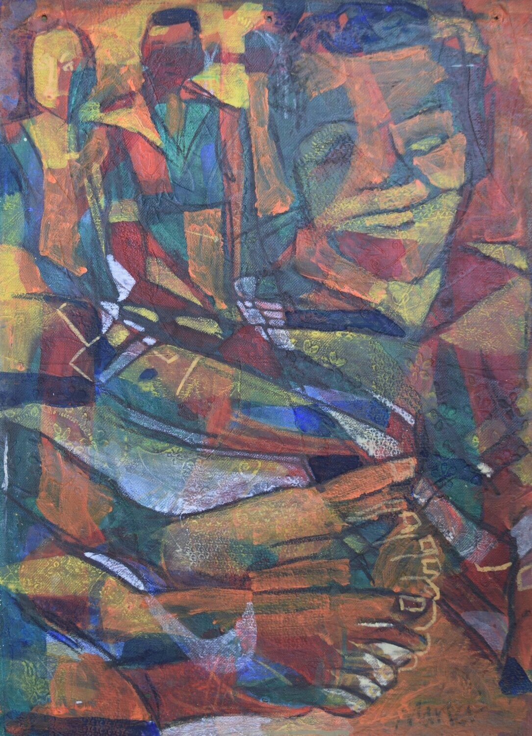 Special fabric is collaged on the canvas.Acryilc  on  canvas  /  Figurative , Light as Form // Size: ca.. 43 x 60 x 4 cm
