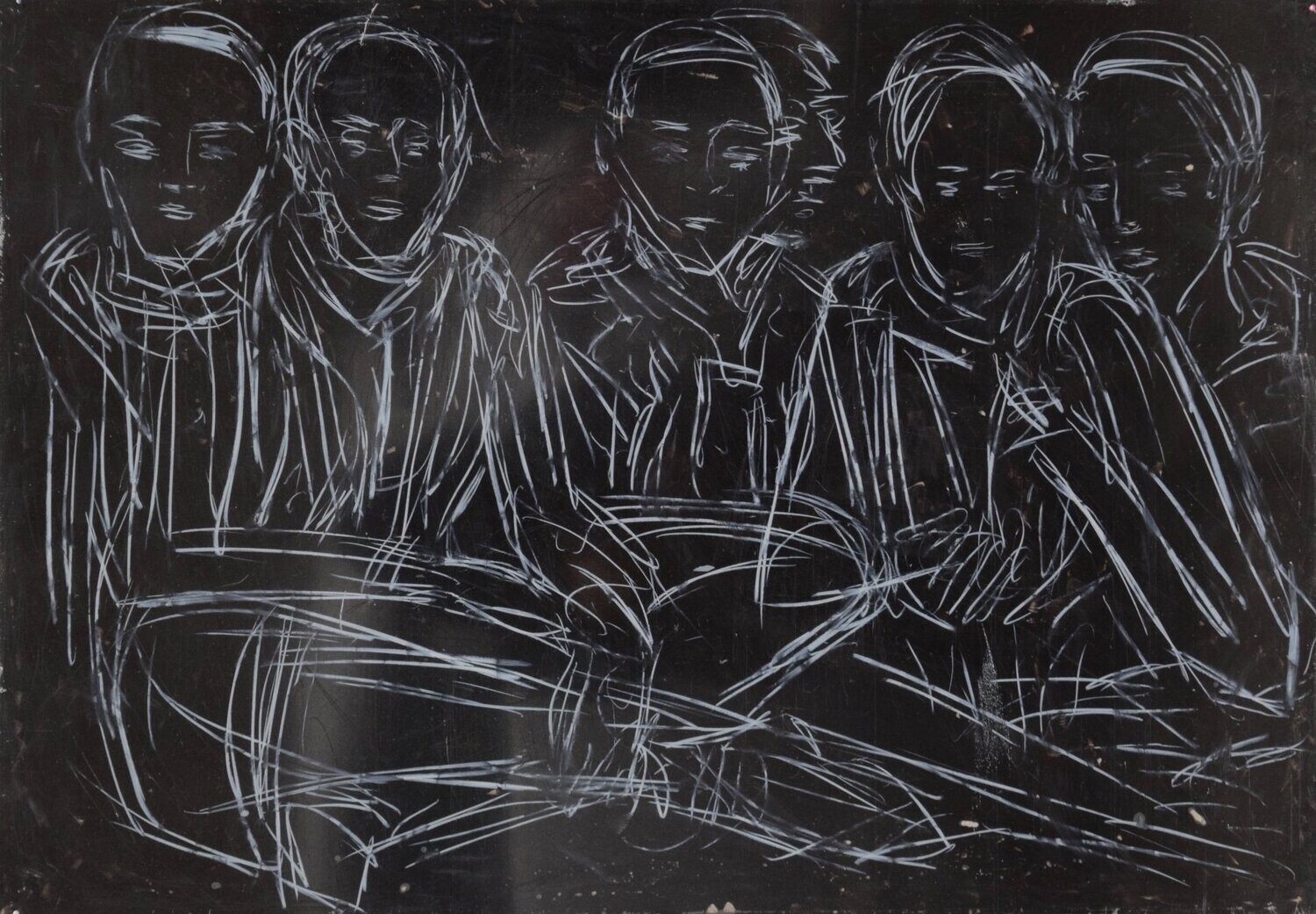 Pigment &  Acryilc on  Paper  collaged on the canvas.- Figurative , Light as Form // Size: ca.. 70 x 90 x 4 cm