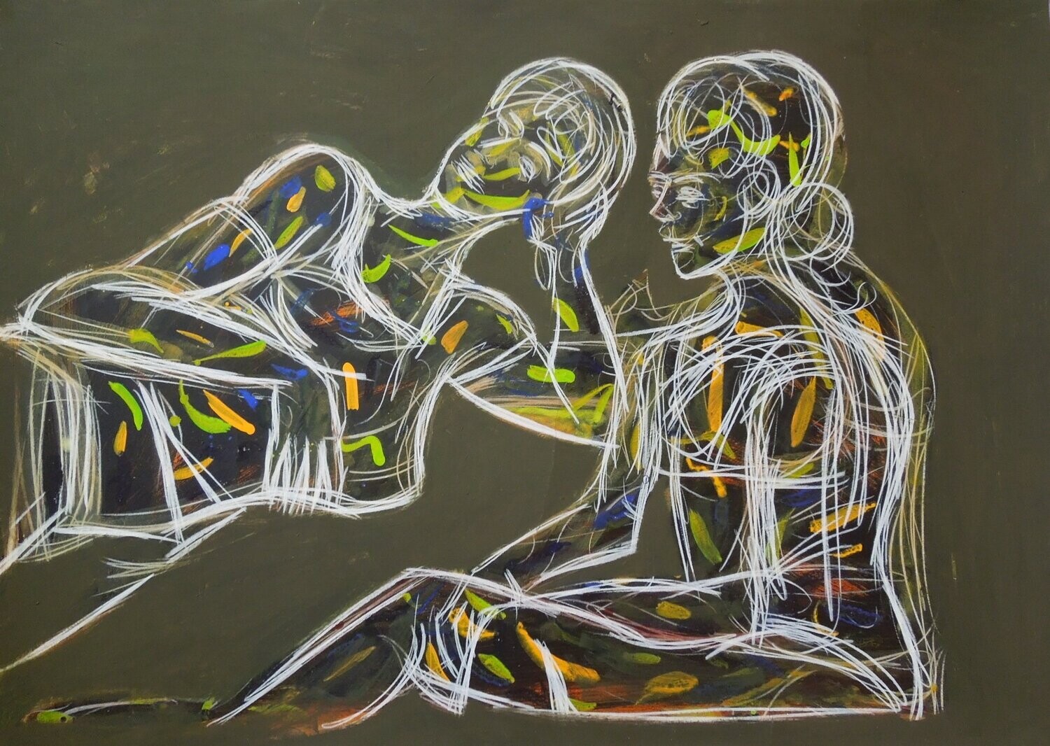 Pigment &  Acryilc on  Paper  collaged on the canvas.- Figurative , Light as Form // Size : ca. 75 x 90 x 4 cm