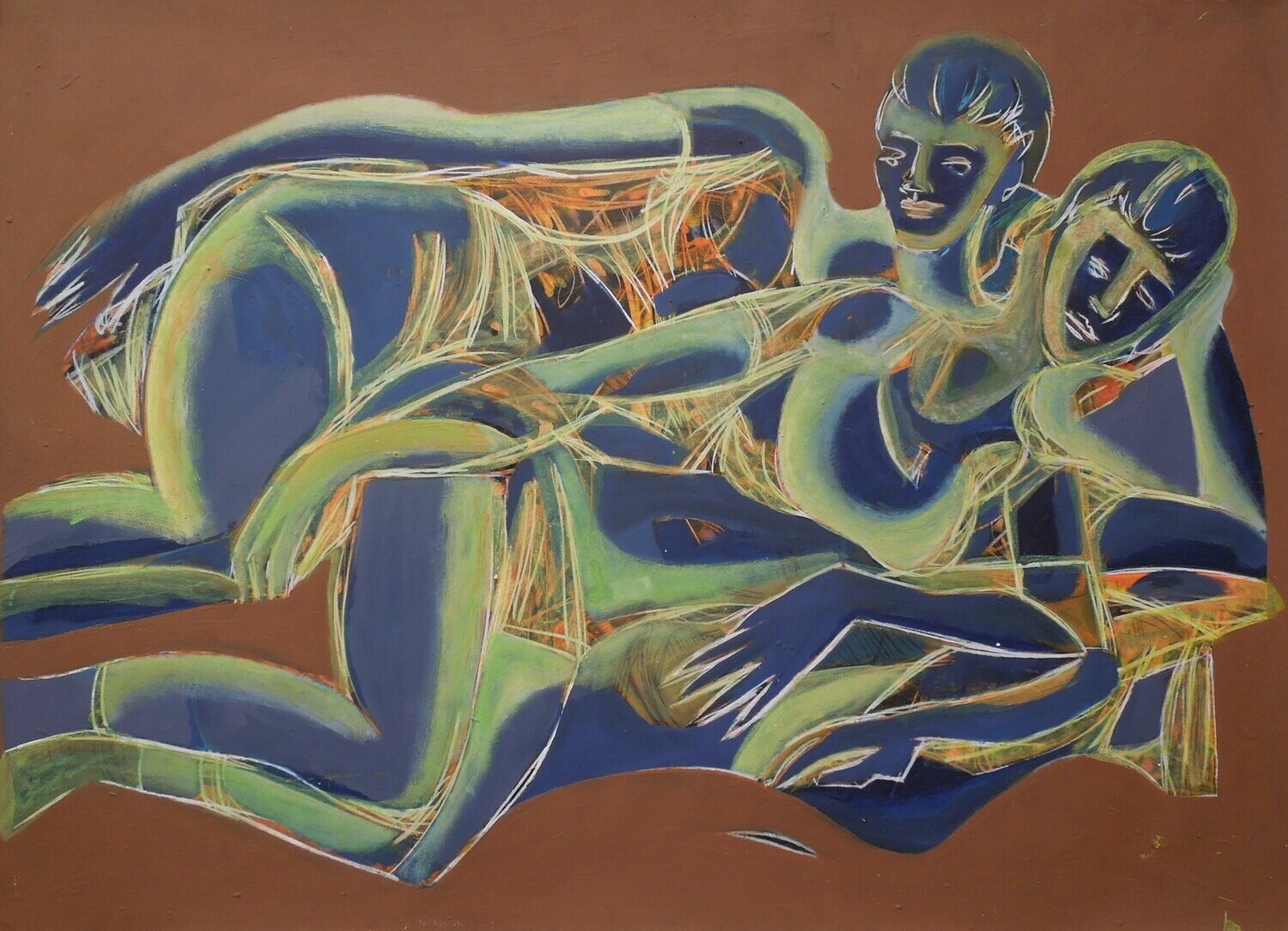 Pigment &  Acryilc on  Paper  collaged on the canvas.- Figurative , Light as Form //  Size : ca. 70 x 90 x 4 cm