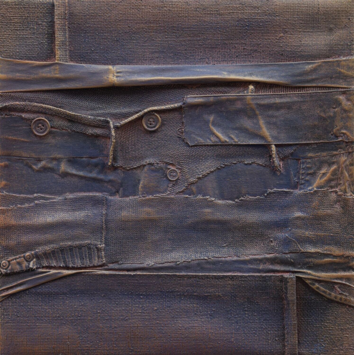 Collage  Clothes, Acrylic  With powder color pigment on Canvas on a wooden frame // Size : ca. 30 x 30 x 2 cm,