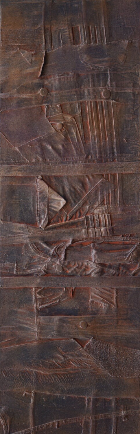 Collage  Clothes, Acrylic  With powder color pigment on Canvas on a wooden frame // Size : ca. 40 x 140 x 3 cm,