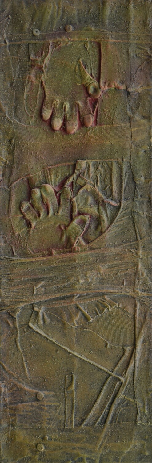 Collage  Clothes, Acrylic  With powder color pigment on Canvas on a wooden frame // Size : ca. 30 x 100 x 3 cm,