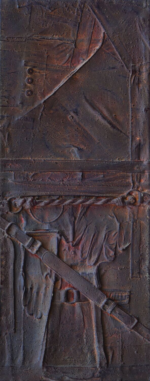 Collage  Clothes, Acrylic  With powder color pigment on Canvas on a wooden frame // Size : ca. 35 x 100 x 4 cm,