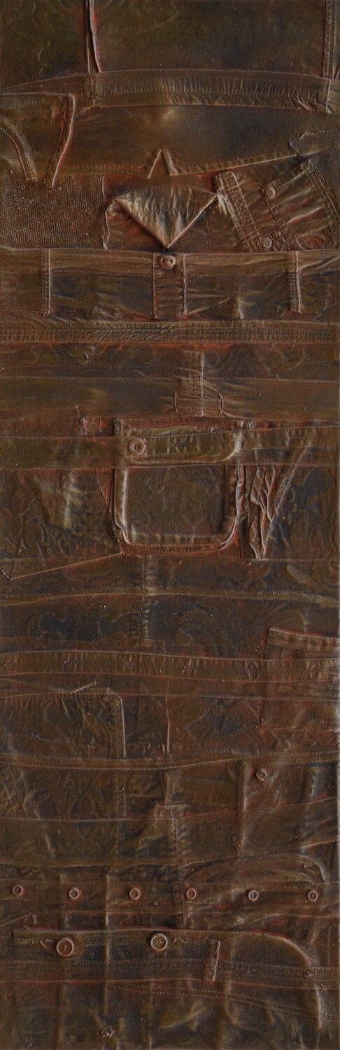 Collage  Clothes, Acrylic  With powder color pigment on Canvas on a wooden frame // Size : ca. 40 x 140 x 4 cm,