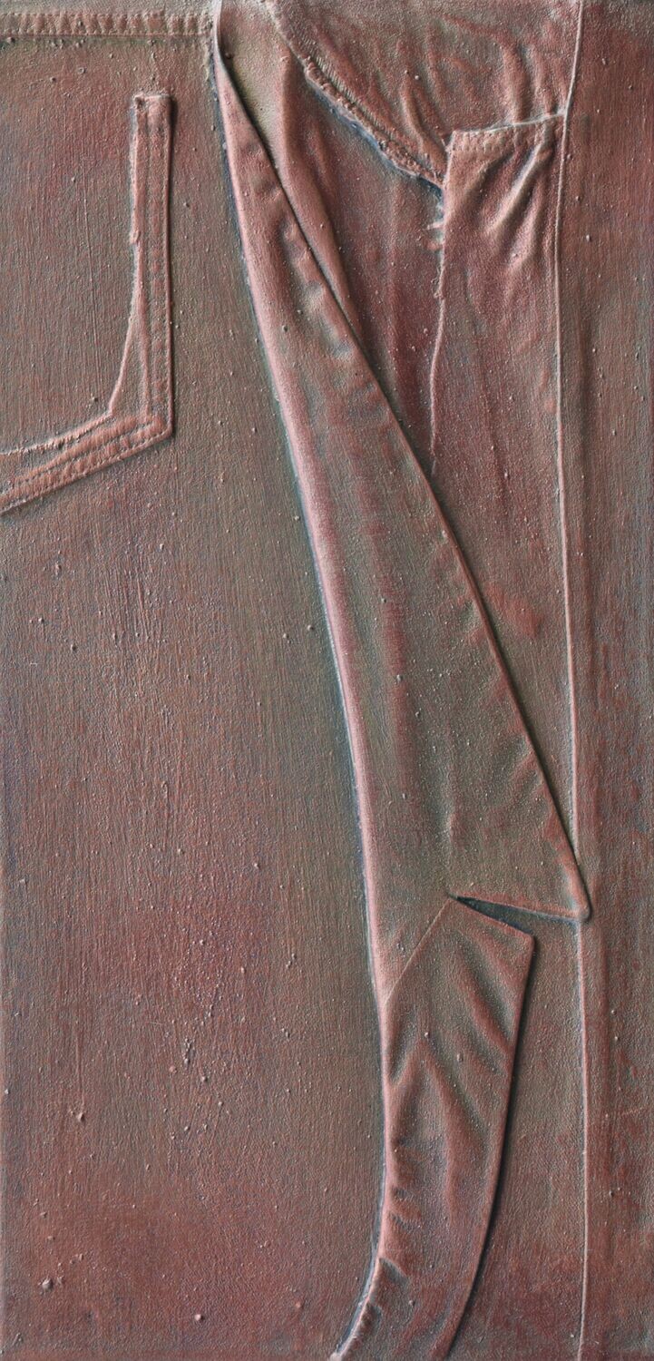 Collage  Clothes & Acrylic  With powder color pigment on Canvas on a wooden frame // Size: ca.. 30 x 60 x 4cm,