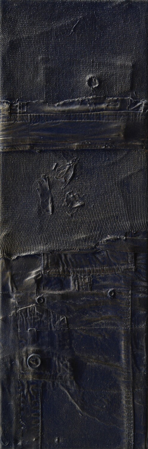 Collage  Clothes, Acrylic  With powder color pigment on Canvas on a wooden frame // Size: ca.. 20 x 60 x 2 cm,