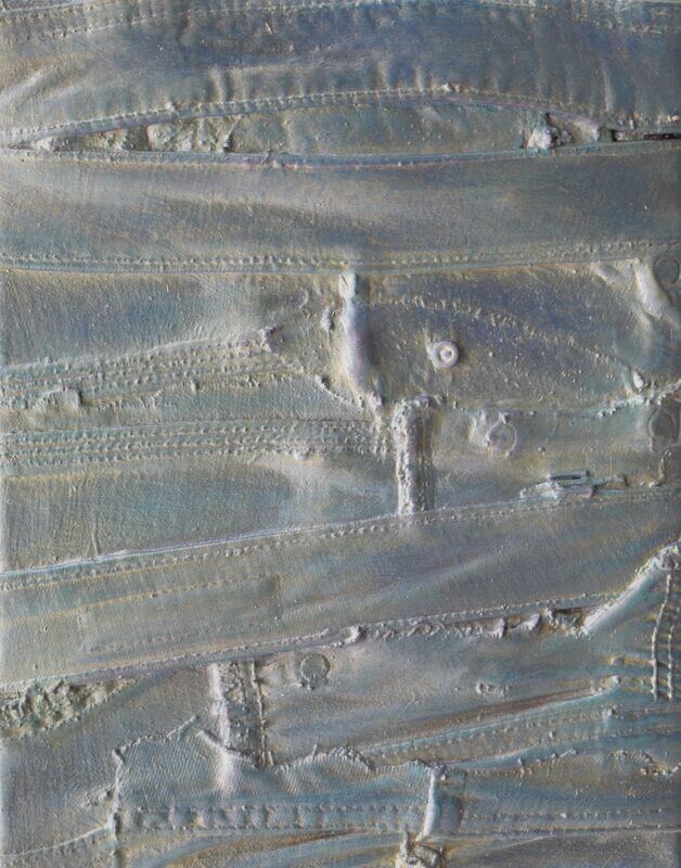 Collage  Clothes & Acrylic  With powder color pigment on Canvas on a wooden frame // Size: ca. 20 x 30 x 2 cm,