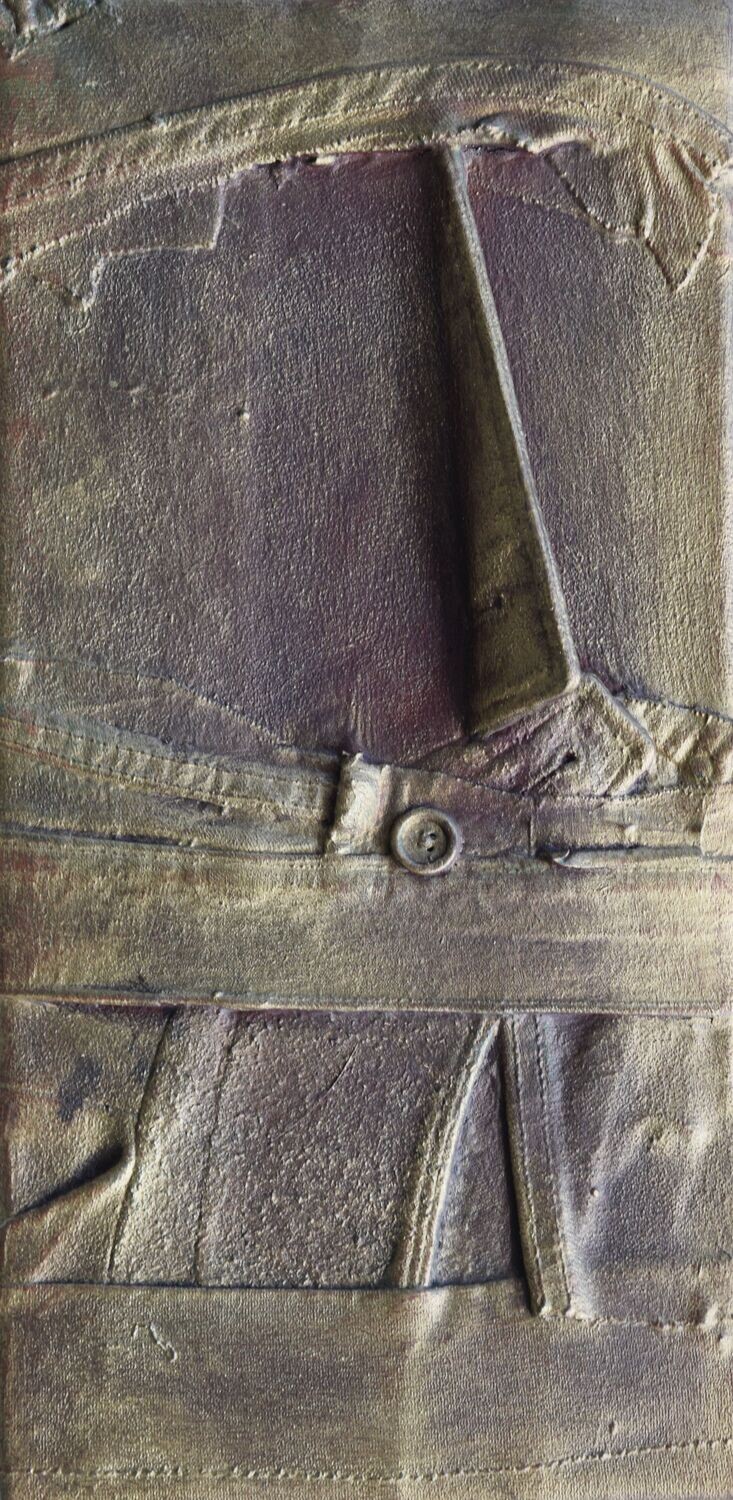 Collage  Clothes, collage &  acrylic With powder color pigment  on   canvas  // Size : ca. 20 x 50 x 2 cm,