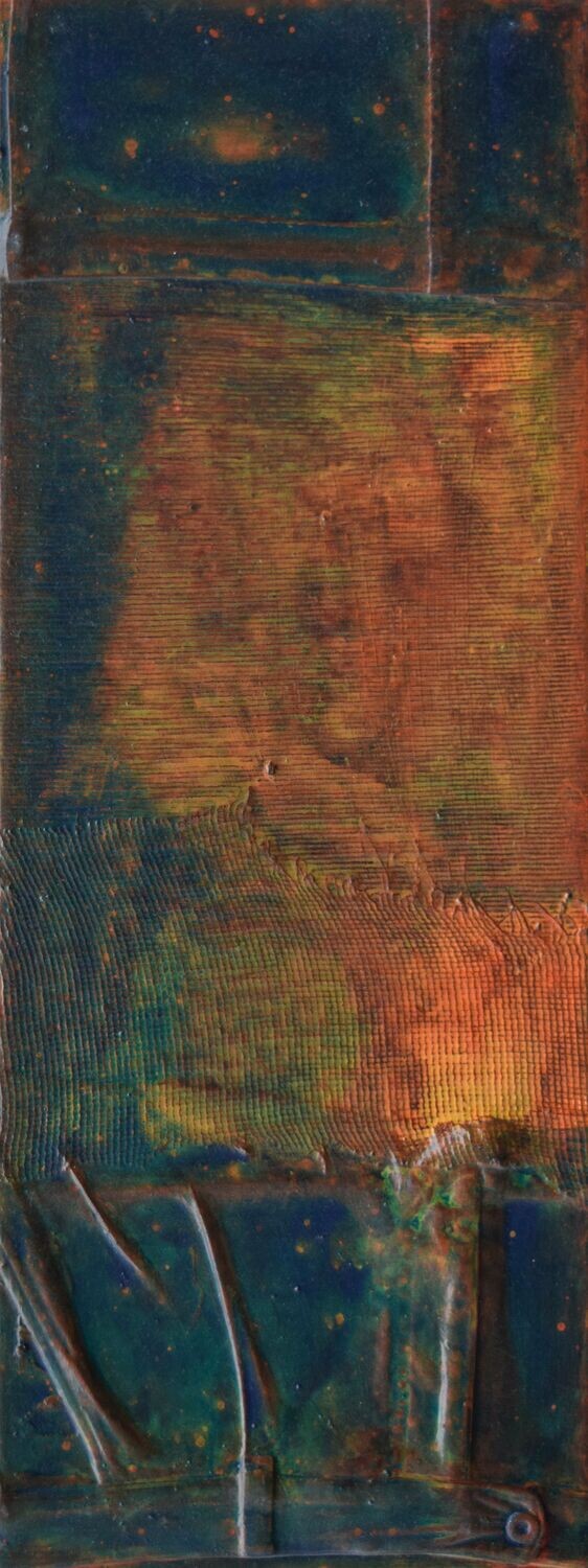 Collage  Clothes & Acrylic  With powder color pigment on Canvas on a wooden frame // Size: ca. 25 x 80 x 3 cm,