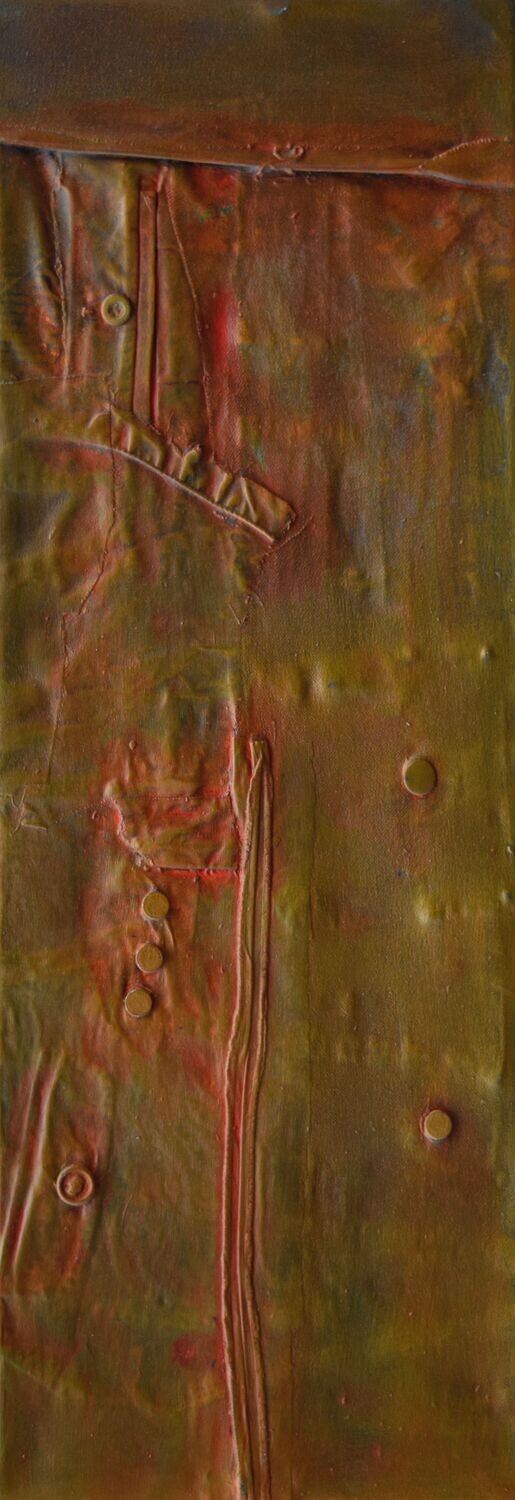 Collage  Clothes & Acrylic  With powder color pigment on Canvas on a wooden frame // Size: ca.. 25 x 80 x 4 cm,