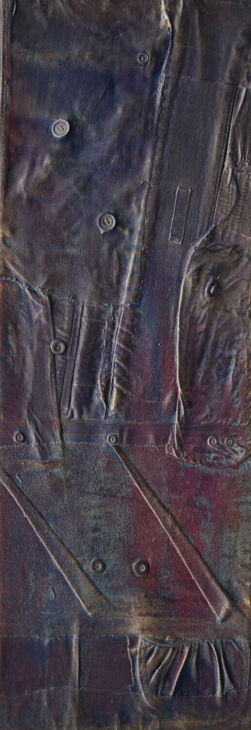Collage  Clothes & Acrylic  With powder color pigment on Canvas on a wooden frame // Size: ca.. 25 x 80 x 3 cm,