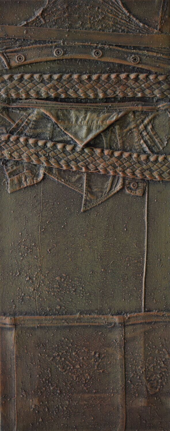 Collage  Clothes & Acrylic  With powder color pigment on Canvas on a wooden frame // Size: ca.30 x 80 x 3 cm,