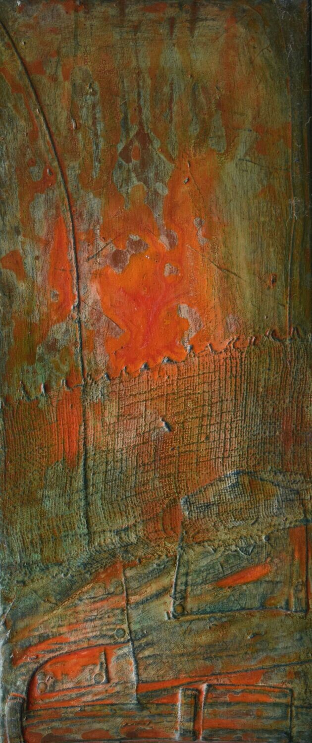 Collage  Clothes & Acrylic  With powder color pigment on Canvas on a wooden frame // Size: ca 25 x 80 x 3 cm,