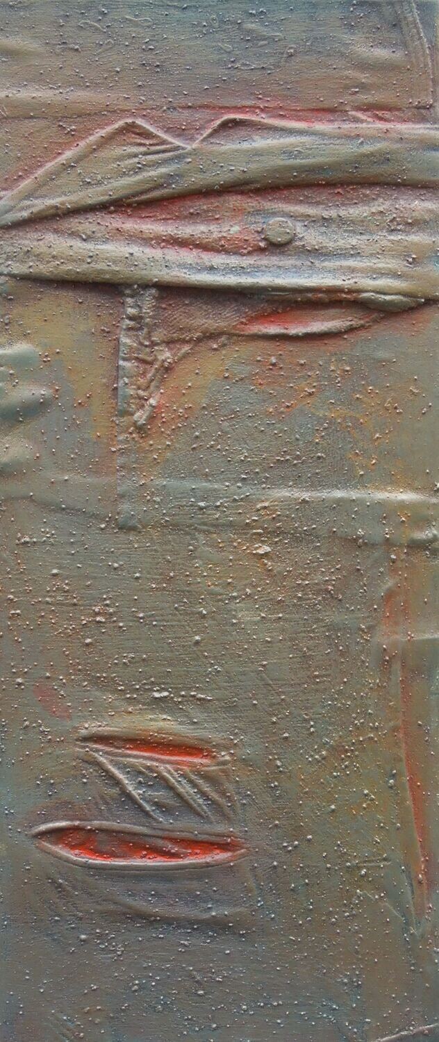 Collage  Clothes & Acrylic  With powder color pigment on Canvas on a wooden frame // Size: ca..30 x 80 x 3 cm,