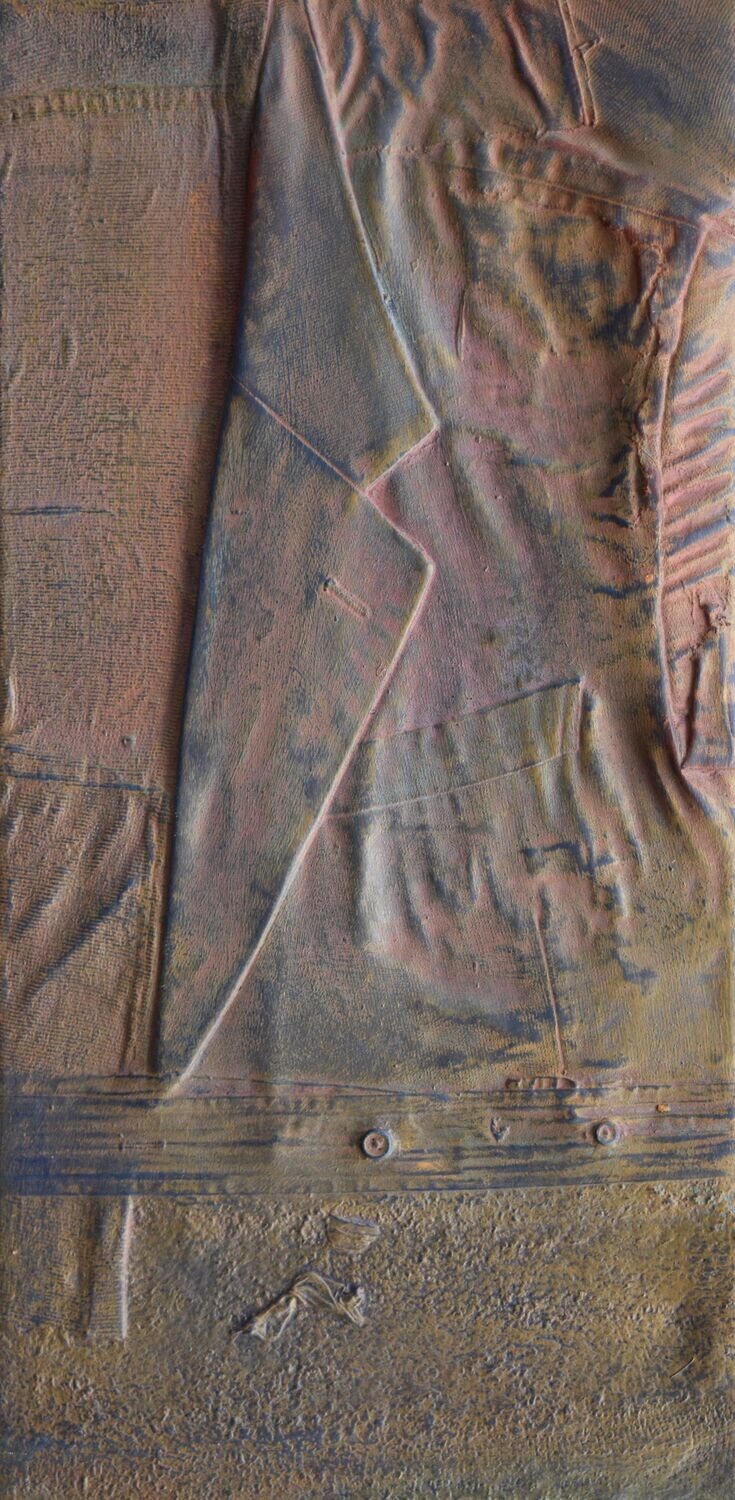 Collage  Clothes & Acrylic  With powder color pigment on Canvas on a wooden frame // Size: ca.. 30 x 60 x 4 cm,