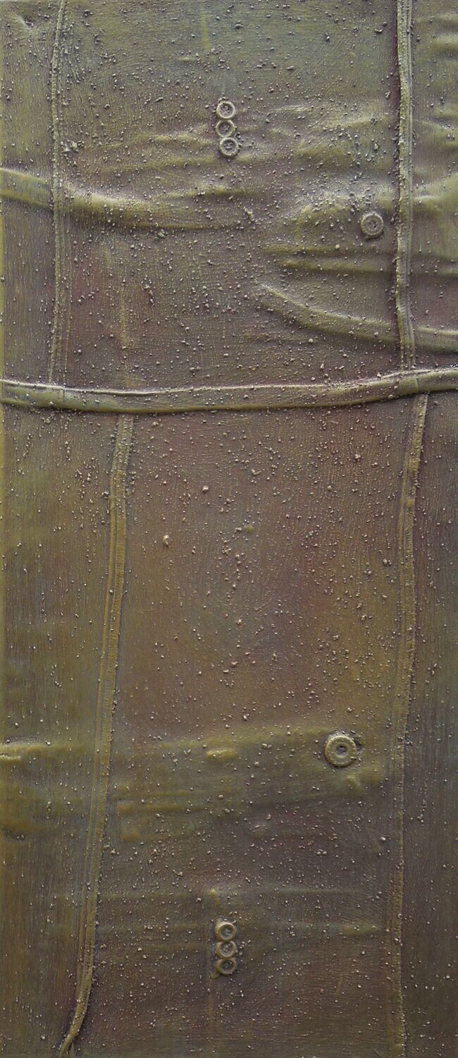 Collage  Clothes & Acrylic  With powder color pigment on Canvas on a wooden frame // Size: ca. 30 x 80 x 3 cm,