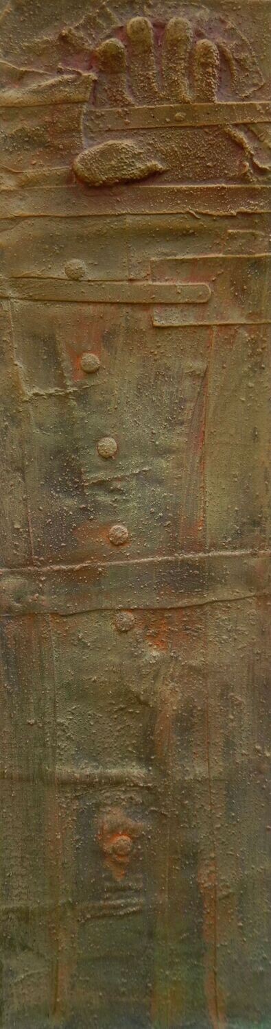 Collage  Clothes & Acrylic  With powder color pigment on Canvas on a wooden frame // Size: ca. 30 x 120 x 4 cm,