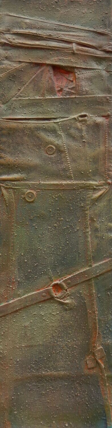 Collage  Clothes & Acrylic  With powder color pigment on Canvas on a wooden frame // Size: ca. 30 x 120 x 4 cm,