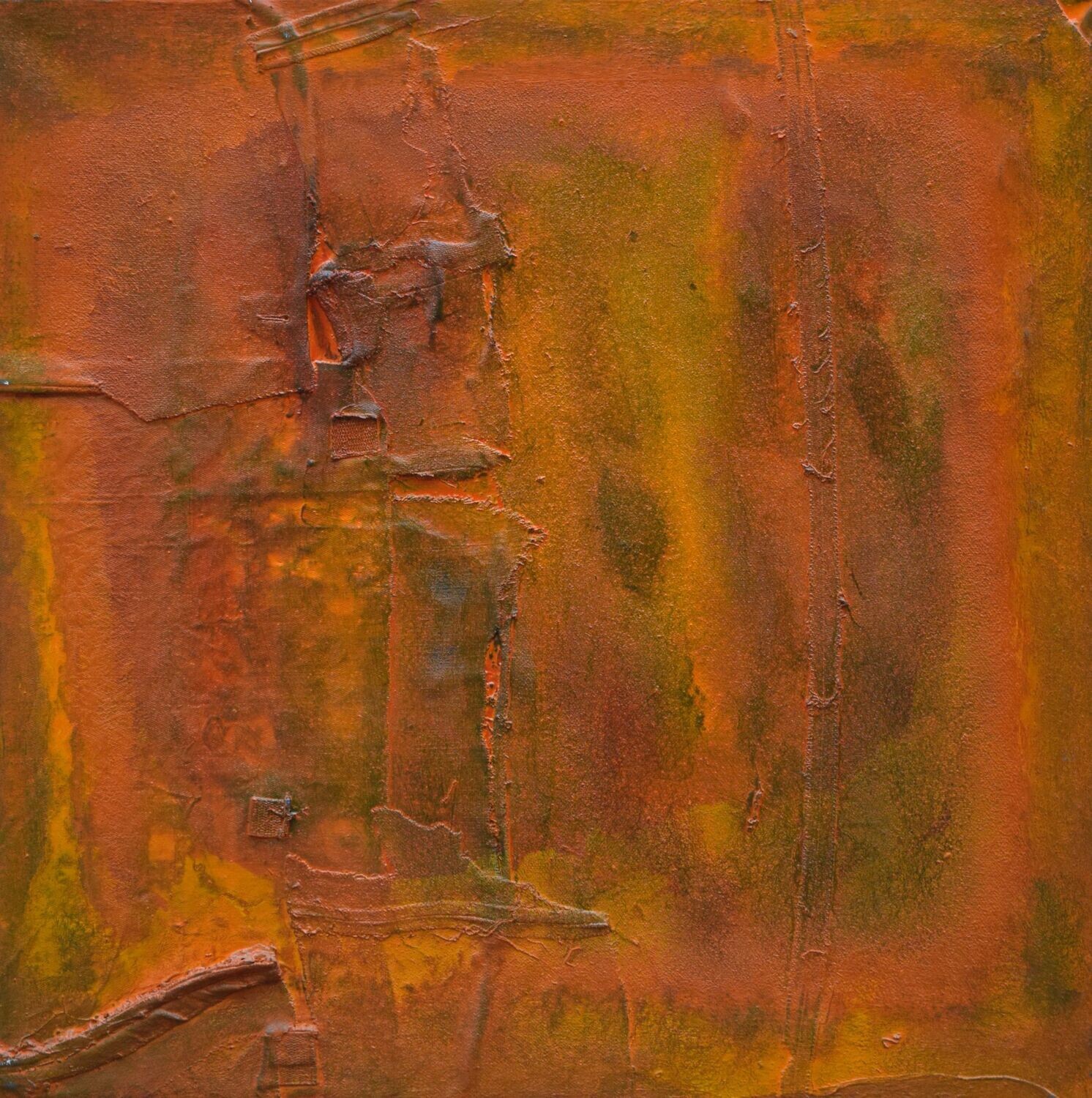 Collage  Clothes & Acrylic  With powder color pigment on Canvas on a wooden frame // Size: ca.. 80 x 80 x4 cm