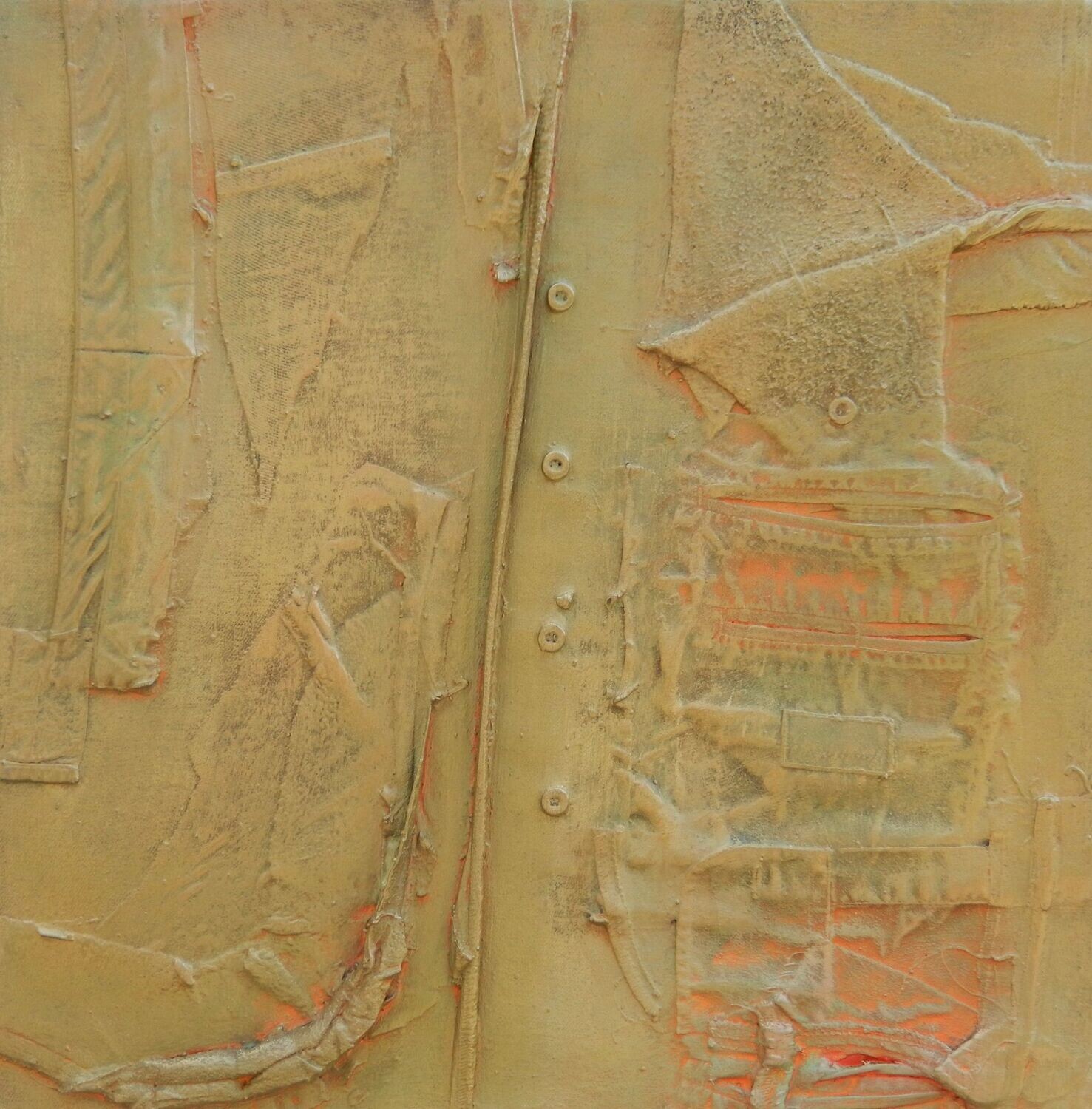 Collage  Clothes & Acrylic  With powder color pigment on Canvas on a wooden frame // Size: ca. 40 x 40 x 4 cm,