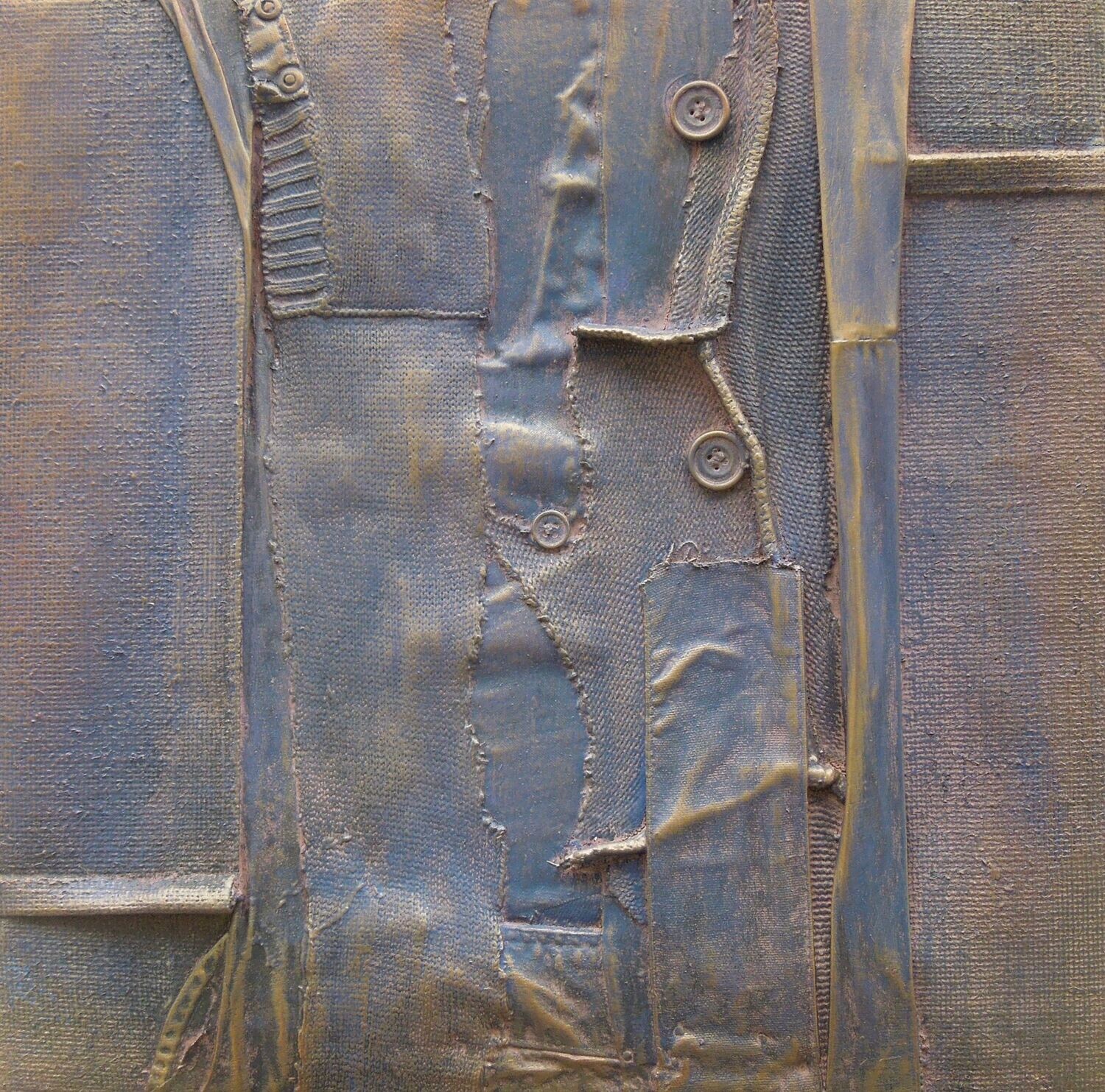Collage  Clothes & Acrylic  With powder color pigment on Canvas on a wooden frame // Size: ca. 30 x 30 x 4 cm