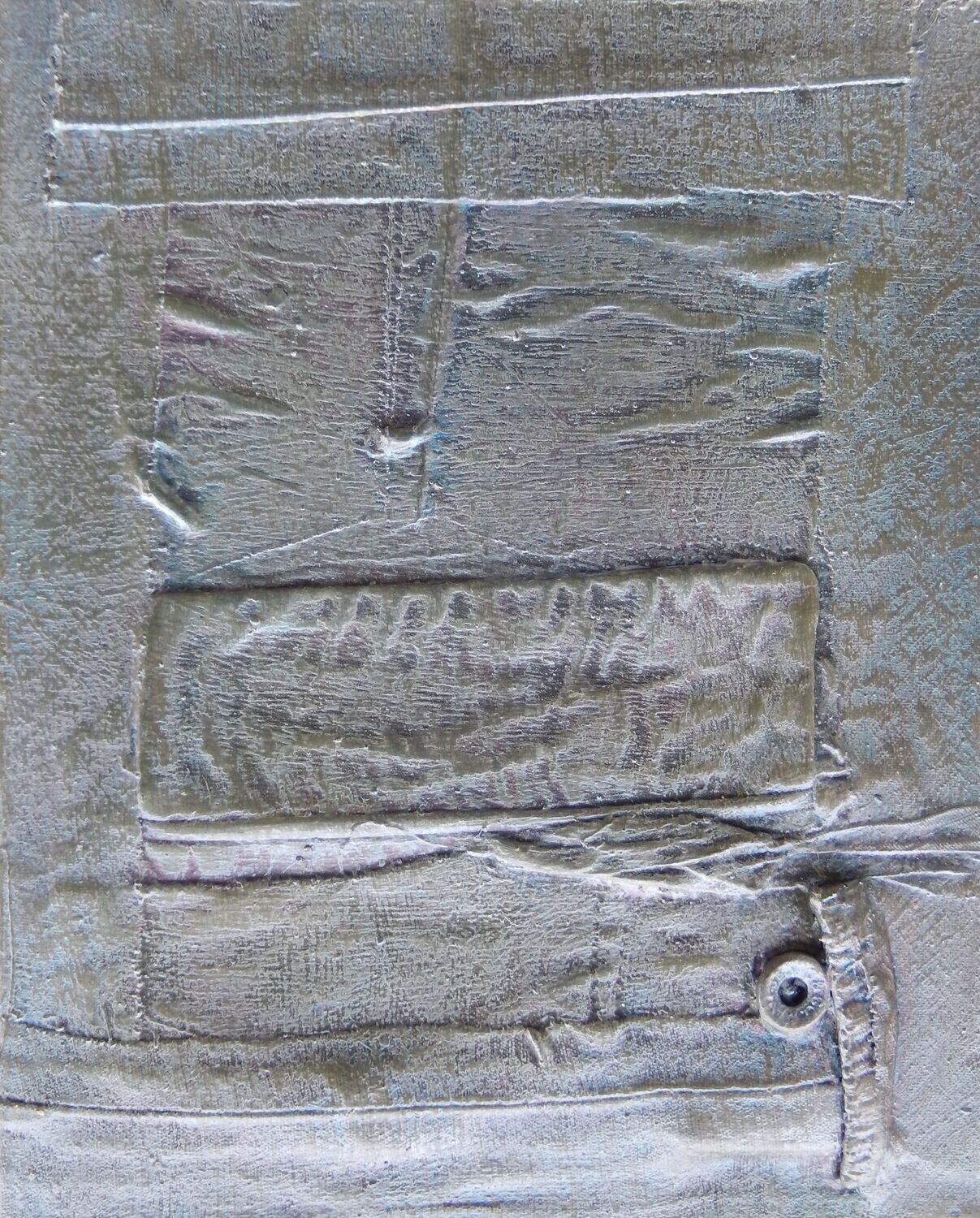Collage  Clothes & Acrylic  With powder color pigment on Canvas on a wooden frame // Size: ca.. 18 x 28 x 2 cm,