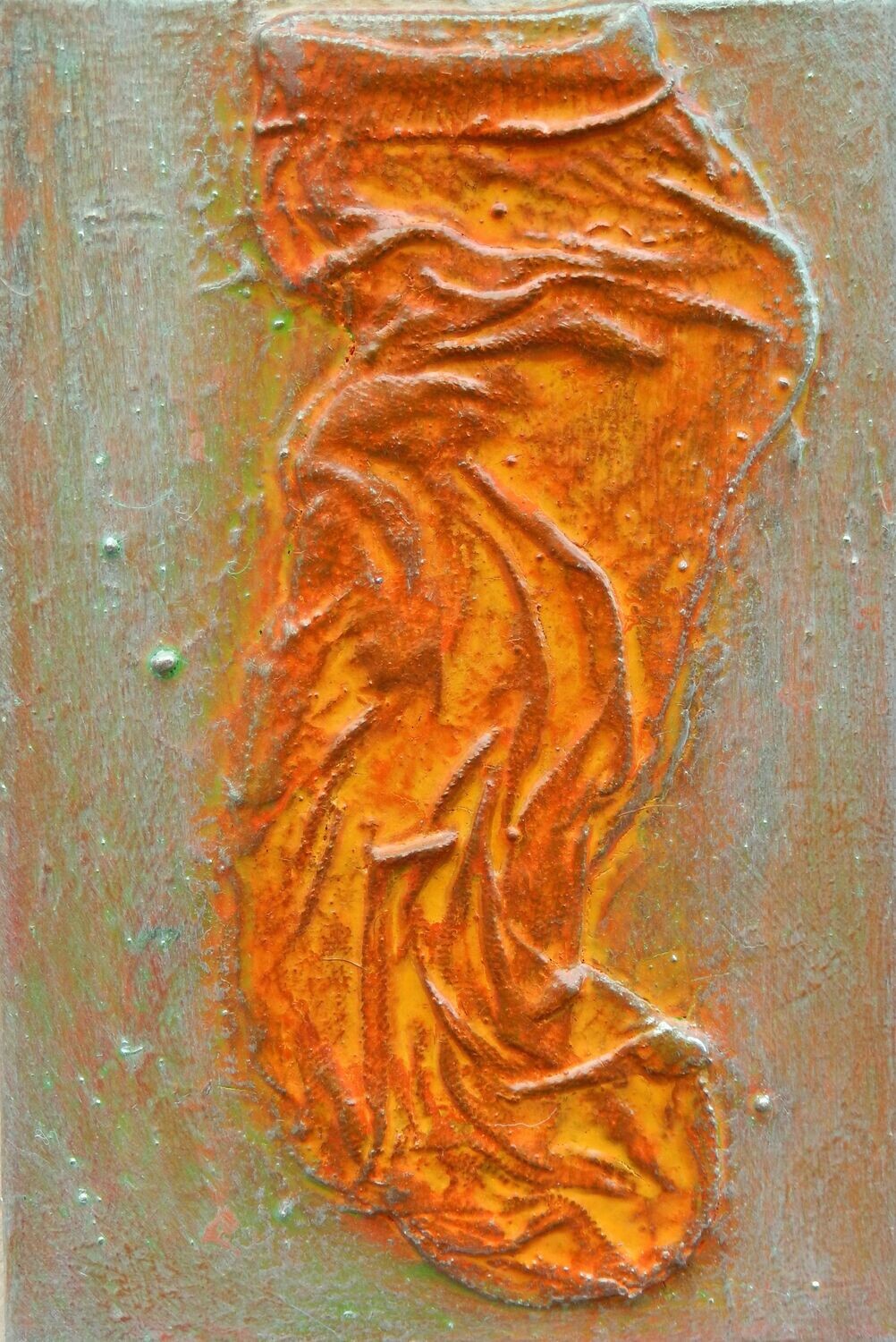 Collage  Clothes, collage &  acrylic With powder color pigment
 on   canvas //Size  : ca. 20 x 30  x 3 cm,