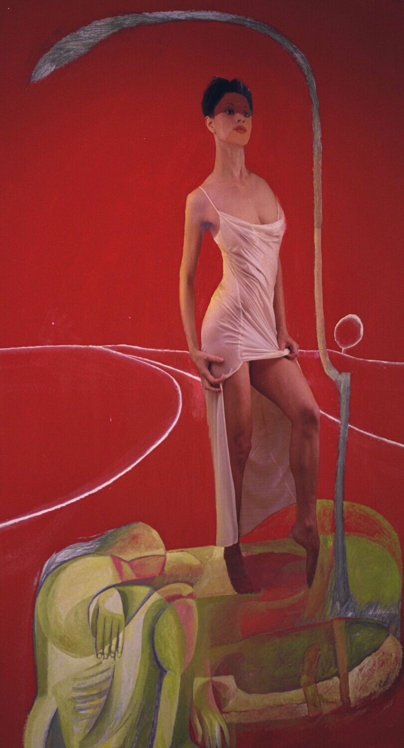 Oil  on paper and their collage on canvas with wooden frame ..Rot //size : ca. 130 x 250 x 4 cm,